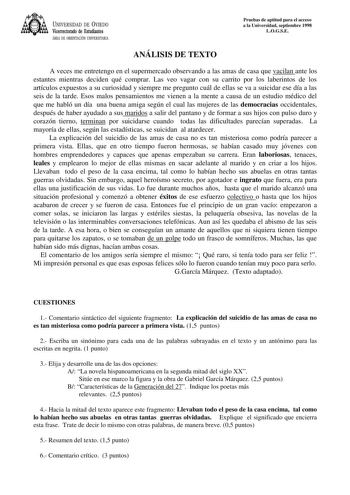 Examen de Lengua Castellana y Literatura (selectividad de 1998)
