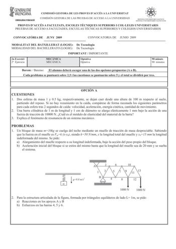 fl GENERALITAT VALENCIANA CONSELLERIA DEDUCACIÓ COMISSIÓ GESTORA DE LES PROVES DACCÉS A LA UNIVERSITAT COMISIÓN GESTORA DE LAS PRUEBAS DE ACCESO A LA UNIVERSIDAD e    d  1sn1A l lN I VEllSITtRI VtL aA SI STf IA l N I VERSITAKIO VALtCI ANO PROVES DACCÉS A FACULTATS ESCOLES TCNIQUES SUPERIORS I COLLEGIS UNIVERSITARIS PRUEBAS DE ACCESO A FACULTADES ESCUELAS TÉCNICAS SUPERIORES Y COLEGIOS UNIVERSITARIOS CONVOCATRIA DE JUNY 2009 CONVOCATORIA DE JUNIO 2009 MODALITAT DEL BATXILLERAT LOGSE De Tecnologi…