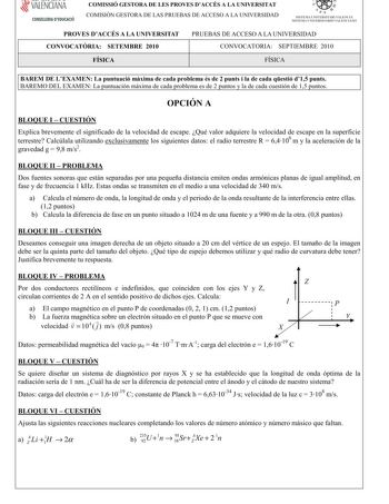 VALENCIANA CONSELLERIA DEDUCACIÓ COMISSIÓ GESTORA DE LES PROVES DACCÉS A LA UNIVERSITAT COMISIÓN GESTORA DE LAS PRUEBAS DE ACCESO A LA UNIVERSIDAD  111  SISTEMA UNIVERSITARI VALENCIÁ SISTE1VIA lJNIVERSITARIO VALENCIANO PROVES DACCÉS A LA UNIVERSITAT CONVOCATRIA SETEMBRE 2010 PRUEBAS DE ACCESO A LA UNIVERSIDAD CONVOCATORIA SEPTIEMBRE 2010 FÍSICA FÍSICA BAREM DE LEXAMENLapuntuaciómximadecadaproblemaésde2puntsiladecadaqestiód15punts BAREMO DEL EXAMENLapuntuaciónmáximadecadaproblemaesde2 puntosylad…