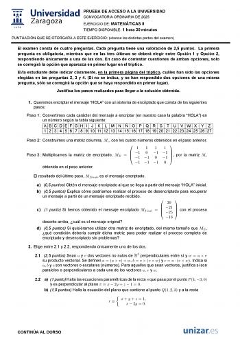 Examen de Matemáticas II (EvAU de 2025)