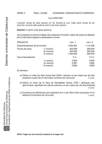 Districte universitari de Catalunya SRIE 2 PAAU LOGSE ECONOMIA I ORGANITZACIÓ DEMPRESA Curs 20002001 Lexamen consta de dues opcions A i B Escolliune una Cada opció consta de sis exercicis el primer dels quals és comú a les dues opcions Exercici 1 comú a les dues opcions Una empresa té previst endegar dos projectes dinversió sobre els quals es disposa de la informació segent expressada en euros PROJECTE Desemborsament de la inversió Fluxos de caixa 1r exercici 2n exercici 3r exercici Taxa dactua…