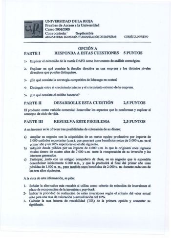 Examen de Economía de la Empresa (selectividad de 2005)