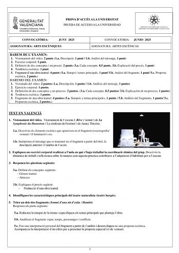 Examen de Artes Escénicas (PAU de 2025)