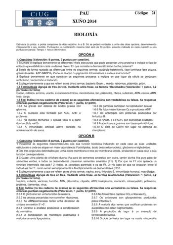 Examen de Biología (PAU de 2014)