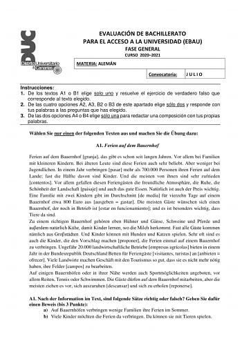 EVALUACIÓN DE BACHILLERATO PARA EL ACCESO A LA UNIVERSIDAD EBAU FASE GENERAL CURSO 20202021 MATERIA ALEMÁN Convocatoria J U L I O Instrucciones 1 De los textos A1 o B1 elige solo uno y resuelve el ejercicio de verdadero falso que corresponde al texto elegido 2 De las cuatro opciones A2 A3 B2 o B3 de este apartado elige sólo dos y responde con tus palabras a las preguntas que has elegido 3 De las dos opciones A4 o B4 elige sólo una para redactar una composición con tus propias palabras Whlen Sie…