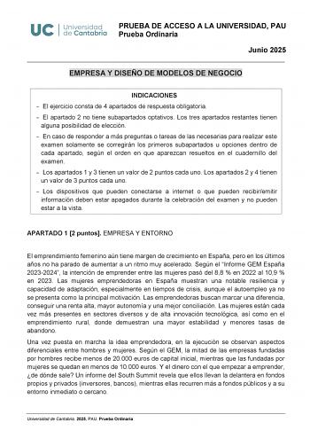 Examen de Empresa y Diseño de Modelos de Negocio (EBAU de 2025)