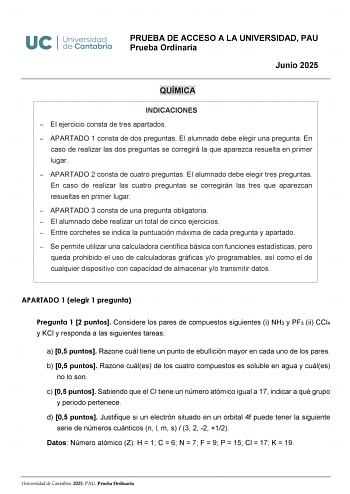 Examen de Química (EBAU de 2025)