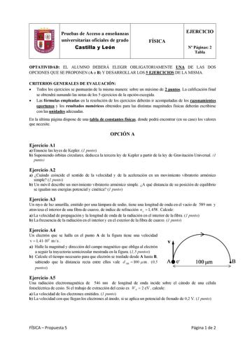 Pruebas de Acceso a enseñanzas universitarias oficiales de grado Castilla y León FÍSICA EJERCICIO N Páginas 2 Tabla OPTATIVIDAD EL ALUMNO DEBERÁ ELEGIR OBLIGATORIAMENTE UNA DE LAS DOS OPCIONES QUE SE PROPONEN A o B Y DESARROLLAR LOS 5 EJERCICIOS DE LA MISMA CRITERIOS GENERALES DE EVALUACIÓN  Todos los ejercicios se puntuarán de la misma manera sobre un máximo de 2 puntos La calificación final se obtendrá sumando las notas de los 5 ejercicios de la opción escogida  Las fórmulas empleadas en la r…