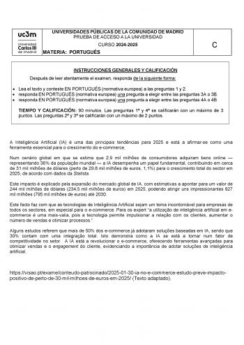 Examen de Portugués (EvAU de 2025)