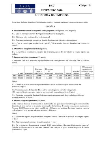 Examen de Economía de la Empresa (PAU de 2010)