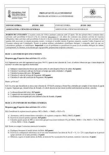 Examen de Ciencias Generales (PAU de 2025)