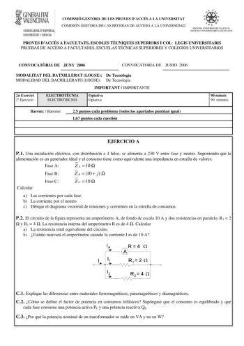 Examen de Electrotecnia (selectividad de 2006)