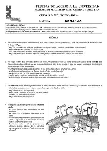 PRUEBAS DE ACCESO A LA UNIVERSIDAD MATERIAS DE MODALIDAD FASES GENERAL Y ESPECÍFICA CURSO 2012  2013 CONVOCATORIA MATERIA BIOLOGIA ACLARACIONES PREVIAS El alumno debe elegir una de las dos opciones A o B de las que presenta el ejercicio y especificarla claramente al principio del examen La opción consta de 10 preguntas que podrán contener dos o más cuestiones Cada pregunta tiene una calificación máxima de 1 punto No se valorarán las respuestas que no correspondan a la opción elegida OPCIÓN A 1 …