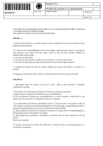 11 1111 1 111 111 111 11 11 0310014  Junio  2012 Biología FG 1 PRUEBA DE ACCESO A LA UNIVERSIDAD 1 Duración 90min MODELO 01 Hoja 1 de 1 ATENCIÓN EL ALUMNO DEBE ELEGIR ENTRE UNA DE LAS DOS OPCIONES A O B Y CONTESTAR A LAS PREGUNTAS DE LA OPCIÓN ELEGIDA CADA PREGUNTA TIENE UNA PUNTUACIÓN DE 25 PUNTOS OPCIÓN A 1 Dentro de los linfocitos qué tipos celulares conoce Explique brevemente qué función tienen dentro del sistema inmune 2 El color de ojos marrón M domina sobre el azul m Un hombre de ojos az…