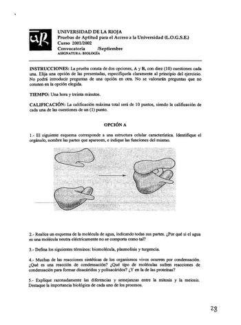 4 UNIVERSIDAD DE LA RIOJA Pruebas de Aptitud para el Acceso a la Universidad LOGSE Curso 20012002 Convocatoria Septiembre ASIGNATURA BIOLOGÍA INSTRUCCIONES La prueba consta de dos opciones A y B con diez 10 cuestiones cada una Elija una opción de las presentadas especifiquela claramente al principio del ejercicio No podrá introducir preguntas de una opción en otra No se valorarán preguntas que no consten en la opción elegida TIEMPO Una hora y treinta minutos CALIFICACIÓN La calificación máxima …