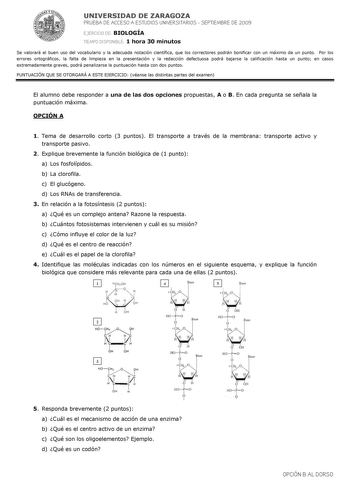 Examen de Biología (selectividad de 2009)