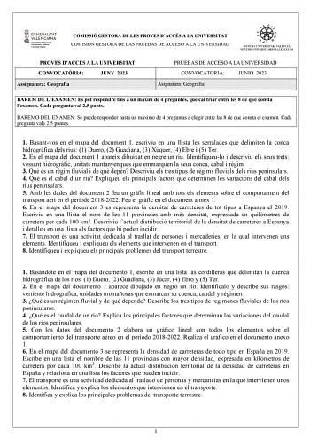 COMISSIÓ GESTORA DE LES PROVES DACCÉS A LA UNIVERSITAT COMISIÓN GESTORA DE LAS PRUEBAS DE ACCESO A LA UNIVERSIDAD PROVES DACCÉS A LA UNIVERSITAT CONVOCATRIA JUNY 2023 Assignatura Geografia PRUEBAS DE ACCESO A LA UNIVERSIDAD CONVOCATORIA JUNIO 2023 Asignatura Geografía BAREM DE LEXAMEN Es pot respondre fins a un mxim de 4 preguntes que cal triar entre les 8 de qu consta lexamen Cada pregunta val 25 punts BAREMO DEL EXAMEN Se puede responder hasta un máximo de 4 preguntas a elegir entre las 8 de …