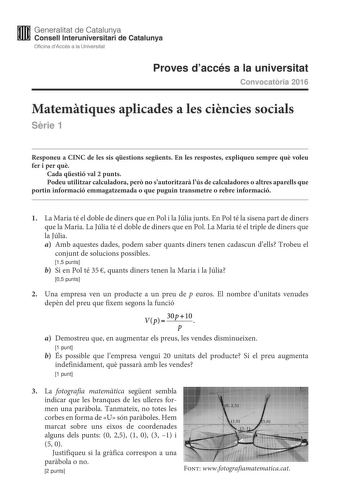 Examen de Matemáticas Aplicadas a las Ciencias Sociales (PAU de 2016)