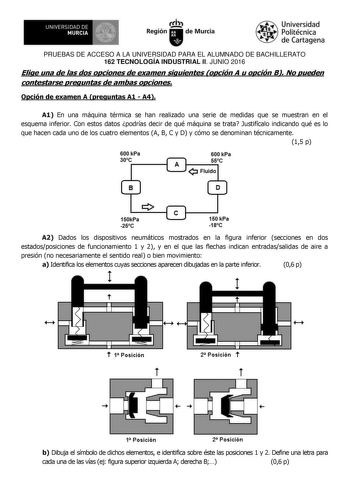 UNIVERSIDAD DE 1  MURCIA 1 Ih Región de Murcia Universidad Politécnica de Cartagena PRUEBAS DE ACCESO A LA UNIVERSIDAD PARA EL ALUMNADO DE BACHILLERATO 162 TECNOLOGÍA INDUSTRIAL II JUNIO 2016 Elige una de las dos opciones de examen siguientes opción A u opción B No pueden contestarse preguntas de ambas opciones Opción de examen A preguntas A1  A4 A1 En una máquina térmica se han realizado una serie de medidas que se muestran en el esquema inferior Con estos datos podrías decir de qué máquina se…