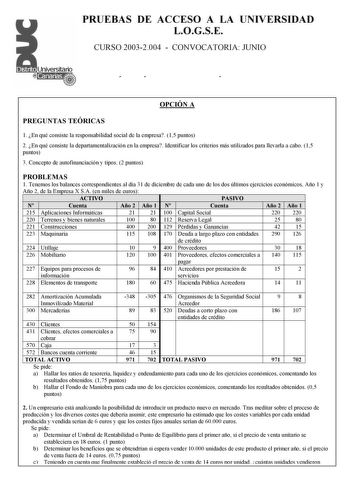 PRUEBAS DE ACCESO A LA UNIVERSIDAD LOGSE CURSO 20032004  CONVOCATORIA JUNIO ÓÍ Ó OPCIÓN A PREGUNTAS TEÓRICAS 1 En qué consiste la responsabilidad social de la empresa 15 puntos 2 En qué consiste la departamentalización en la empresa Identificar los criterios más utilizados para llevarla a cabo 15 puntos 3 Concepto de autofinanciación y tipos 2 puntos PROBLEMAS 1 Tenemos los balances correspondientes al día 31 de diciembre de cada uno de los dos últimos ejercicios económicos Año 1 y Año 2 de la …