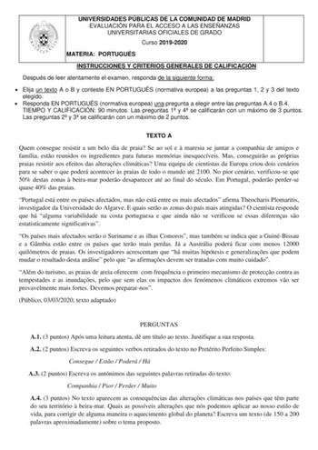 Examen de Portugués (EvAU de 2020)
