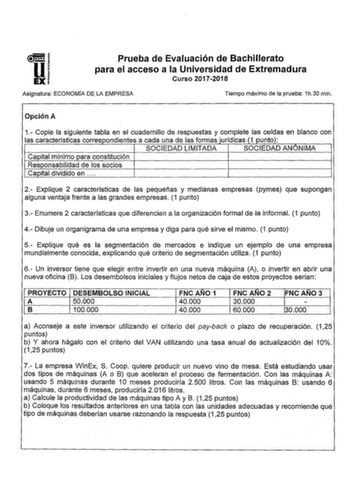 Prueba de Evaluación de Bachillerato para el acceso a la Universidad de Extremadura Curso 20172018 Asignatura ECONOMÍA DE LA EMPRESA Tiempo máximo de la prueba 1h30 min Opción A 1 Copie la siguiente tabla en el cuadernillo de respuestas y complete las celdas en blanco con las características correspondientes a cada una de las formas jurídicas 1 punto SOCIEDAD LIMITADA SOCIEDAD ANONIMA Capital mínimo para constitución ResPonsabilidad de los socios Capital dividido en  2 Explique 2 característica…