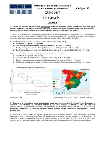 Proba de Avaliación do Bacharelato para o Acceso á Universidade XUÑO 2017 Código 35 XEOGRAFÍA OPCIÓN A 1 Defina nun máximo de cinco liñas unicamente catro dos seguintes termos xeográficos indicando algún exemplo en relación con España ou Galicia inversión térmica ecoturismo economía somerxida xentrificación municipio estatuto de autonomía puntuación máxima 2 puntos 05 por termo ben definido 1 Defina en un máximo de cinco líneas únicamente cuatro de los siguientes términos geográficos indicando …