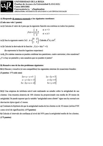 Examen de Matemáticas Aplicadas a las Ciencias Sociales (selectividad de 2002)