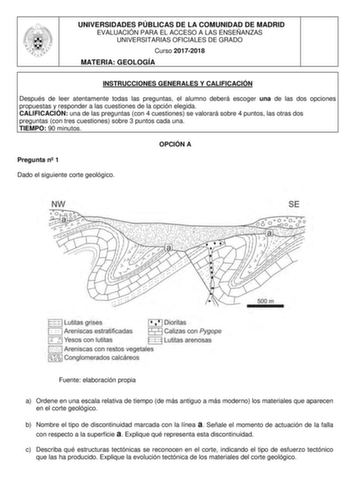 UNIVERSIDADES PÚBLICAS DE LA COMUNIDAD DE MADRID EVALUACIÓN PARA EL ACCESO A LAS ENSEÑANZAS UNIVERSITARIAS OFICIALES DE GRADO Curso 20172018 MATERIA GEOLOGÍA INSTRUCCIONES GENERALES Y CALIFICACIÓN Después de leer atentamente todas las preguntas el alumno deberá escoger una de las dos opciones propuestas y responder a las cuestiones de la opción elegida CALIFICACIÓN una de las preguntas con 4 cuestiones se valorará sobre 4 puntos las otras dos preguntas con tres cuestiones sobre 3 puntos cada un…