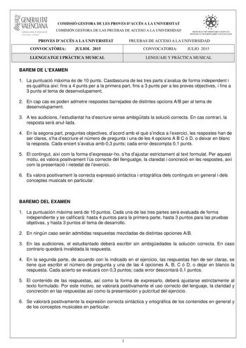 i GENERALITAT VALENCIANA CONSELLERIA DEDUCACIÓ CULTURA I ESPORT COMISSIÓ GESTORA DE LES PROVES DACCÉS A LA UNIVERSITAT COMISIÓN GESTORA DE LAS PRUEBAS DE ACCESO A LA UNIVERSIDAD tiie     1fl  SISTEIVL UNIVERSITARI VALEKCIA SISTEIA L N IVJRSIT4RIO VALECIA0 PROVES DACCÉS A LA UNIVERSITAT PRUEBAS DE ACCESO A LA UNIVERSIDAD CONVOCATRIA JULIOL 2015 CONVOCATORIA JULIO 2015 LLENGUATGE I PRCTICA MUSICAL LENGUAJE Y PRÁCTICA MUSICAL BAREM DE LEXAMEN 1 La puntuació mxima és de 10 punts Casdascuna de les t…