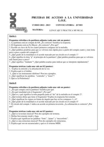 Examen de Lenguaje y Práctica Musical (PAU de 2013)