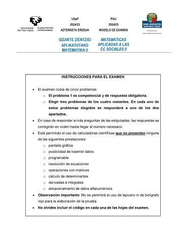 Examen de Matemáticas Aplicadas a las Ciencias Sociales (EAU de 2025)