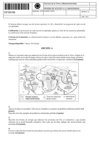 Examen de Ciencias de la Tierra y Medioambientales (PAU de 2013)