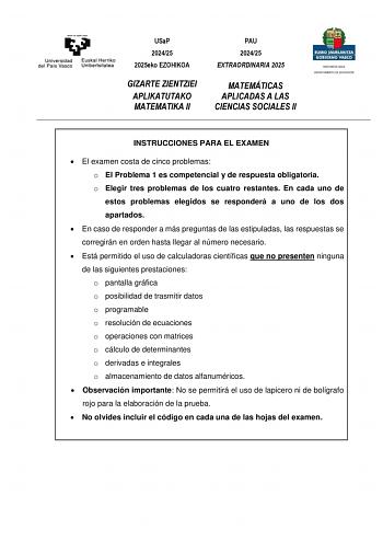 Examen de Matemáticas Aplicadas a las Ciencias Sociales (EAU de 2025)