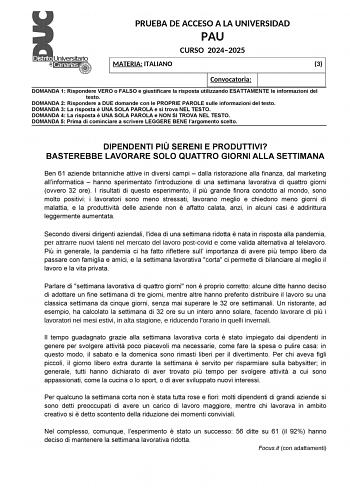 Examen de Italiano (EBAU de 2025)