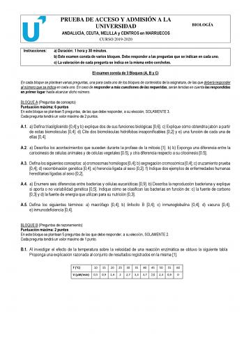 PRUEBA DE ACCESO Y ADMISIÓN A LA UNIVERSIDAD ANDALUCÍA CEUTA MELILLA y CENTROS en MARRUECOS CURSO 20192020 BIOLOGÍA Instrucciones a Duración 1 hora y 30 minutos b Este examen consta de varios bloques Debe responder a las preguntas que se indican en cada uno c La valoración de cada pregunta se indica en la misma entre corchetes El examen consta de 3 Bloques A B y C En cada bloque se plantean varias preguntas una para cada uno de los bloques de contenidos de la asignatura de las que deberá respon…