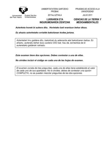 Examen de Ciencias de la Tierra y Medioambientales (PAU de 2011)