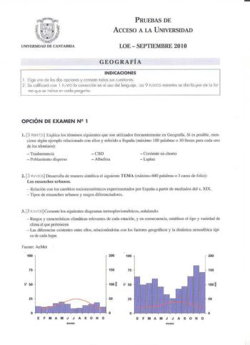 PRUEBAS DE ACCESO A LA UNIVERSIDAD LOESEPTIEMBRE 2010 GEOGRAFÍA INDICACIONES 1 Elige uno de los dos opciones y conesto todos svs uestiofles 2 Se colilicor6 con 1 PLli la corrección en el use del lengJoje  os 9 PlNTOS restantes se distribJyen ce la íor ma que se ndco e codo pre3unto OPCIÓN DE EXAMEN N 2 1 J 3 PUNTOS 6xpJica los 1én11inos sigllientes que son utilizados frecuentemente en Geografía Si es posible rocncione algttt ejemplo relacionado con ellos y referido a España mtlximo 100 xlabtas …