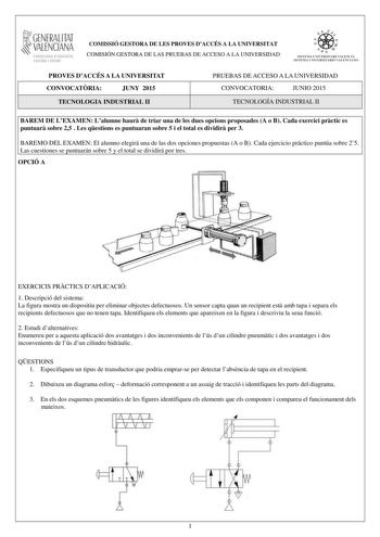 1GENERALITAT  VALENCIANA CONSELLERIA DEDUCACIÓ CULTURA I ESPORT COMISSIÓ GESTORA DE LES PROVES DACCÉS A LA UNIVERSITAT COMISIÓN GESTORA DE LAS PRUEBAS DE ACCESO A LA UNIVERSIDAD  11  SISTEJiL UNIVERSITARI VALElCIA SISTEIA t NIVlRS1rHIO VALllCIA10 PROVES DACCÉS A LA UNIVERSITAT CONVOCATRIA JUNY 2015 TECNOLOGIA INDUSTRIAL II PRUEBAS DE ACCESO A LA UNIVERSIDAD CONVOCATORIA JUNIO 2015 TECNOLOGÍA INDUSTRIAL II BAREM DE LEXAMEN Lalumne haur de triar una de les dues opcions proposades A o B Cada exerc…