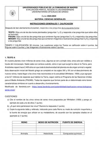 Examen de Ciencias Generales (EvAU de 2024)