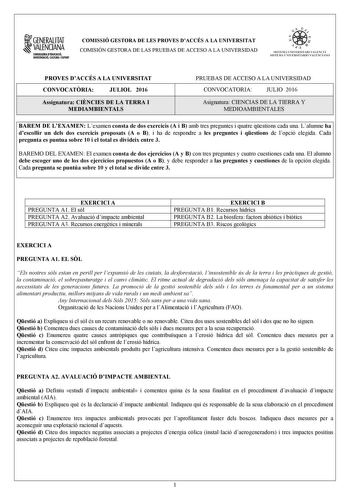 Examen de Ciencias de la Tierra y Medioambientales (PAU de 2016)