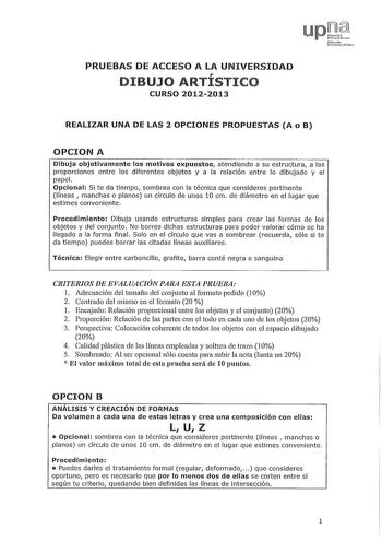 PRUEBAS DE ACCESO A LA UNIVERSIDAD DIBUJO ARTÍSTICO CURSO 20122013 REALIZAR UNA DE LAS 2 OPCIONES PROPUESTAS A o B OPCION A Dibuja objetivamente los motivos expuestos atendiendo a su estructura a las proporciones entre los diferentes objetos y a la relación entre lo dibujado y el papel Opcional Si te da tiempo sombrea con la técnica que consideres pertinente líneas manchas o planos un círculo de unos 10 cm de diámetro en el lugar que estimes conveniente Procedimiento Dibuja usando estructuras s…