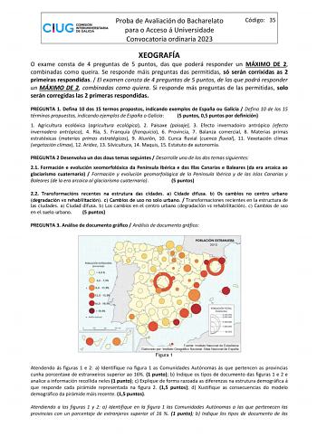 Proba de Avaliación do Bacharelato para o Acceso á Universidade Convocatoria ordinaria 2023 Código 35 XEOGRAFÍA O exame consta de 4 preguntas de 5 puntos das que poderá responder un MÁXIMO DE 2 combinadas como queira Se responde máis preguntas das permitidas só serán corrixidas as 2 primeiras respondidas  El examen consta de 4 preguntas de 5 puntos de las que podrá responder un MÁXIMO DE 2 combinadas como quiera Si responde más preguntas de las permitidas solo serán corregidas las 2 primeras re…
