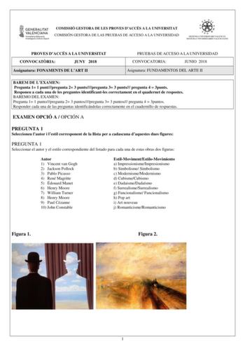 Examen de Fundamentos del Arte (PAU de 2018)