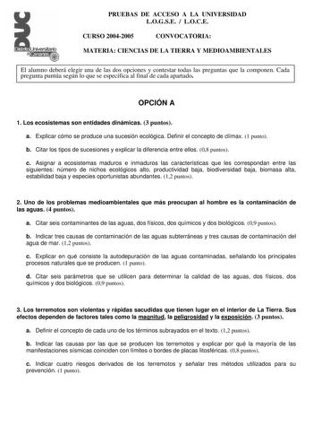 Examen de Ciencias de la Tierra y Medioambientales (selectividad de 2005)