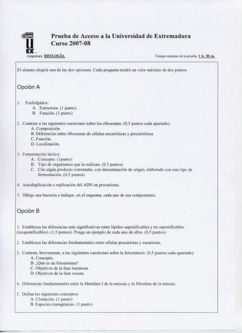 Prueba de Acceso a la Universidad de Extremadura u Curso 200708 EX   Asignatura BIOLOGIA Tien1po máxi1no de la prueba 1 h 30 m El alwnno elegirá una de las dos opciones Cada pregunta tendrá un valor máximo de dos puntos Opción A 1 Fosfolípidos A Estructura  1 punto B Función 1 punto 2 Conteste a las siguientes cuestiones sobre los ribosomas 05 puntos cada apartado A Composición B Diferencias entre ribosomas de células eucarióticas y procarióticas C Función D Localización 3 Fermentación láctica …