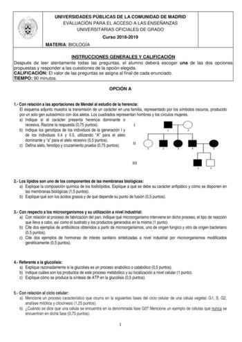 UNIVERSIDADES PÚBLICAS DE LA COMUNIDAD DE MADRID EVALUACIÓN PARA EL ACCESO A LAS ENSEÑANZAS UNIVERSITARIAS OFICIALES DE GRADO Curso 20182019 MATERIA BIOLOGÍA INSTRUCCIONES GENERALES Y CALIFICACIÓN Después de leer atentamente todas las preguntas el alumno deberá escoger una de las dos opciones propuestas y responder a las cuestiones de la opción elegida CALIFICACIÓN El valor de las preguntas se asigna al final de cada enunciado TIEMPO 90 minutos OPCIÓN A 1 Con relación a las aportaciones de Mend…