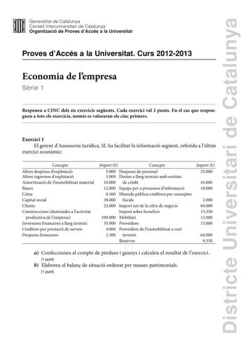 Districte Universitari de Catalunya Generalitat de Catalunya Consell lnteruniversitari de Catalunya Organització de Proves dAccés a la Universitat Proves dAccés a la Universitat Curs 20122013 Economia de lempresa Srie 1 Responeu a CINC dels sis exercicis segents Cada exercici val 2 punts En el cas que respongueu a tots els exercicis només es valoraran els cinc primers Exercici 1 El gerent dAssessoria Jurídica SL ha facilitat la informació segent referida a lúltim exercici econmic Concepte Altre…