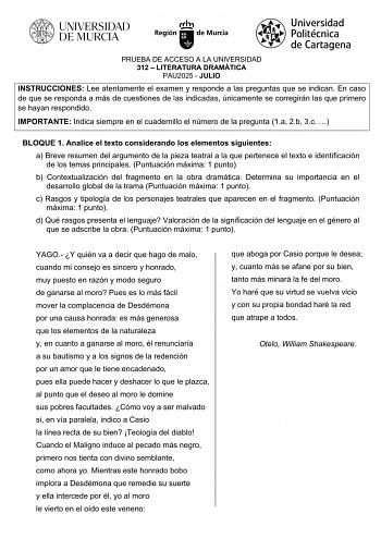 Examen de Literatura Dramática (EBAU de 2025)