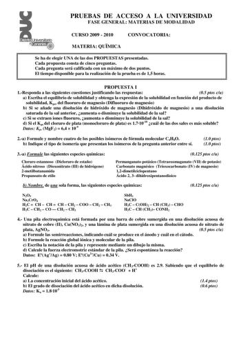 Examen de Química (PAU de 2010)